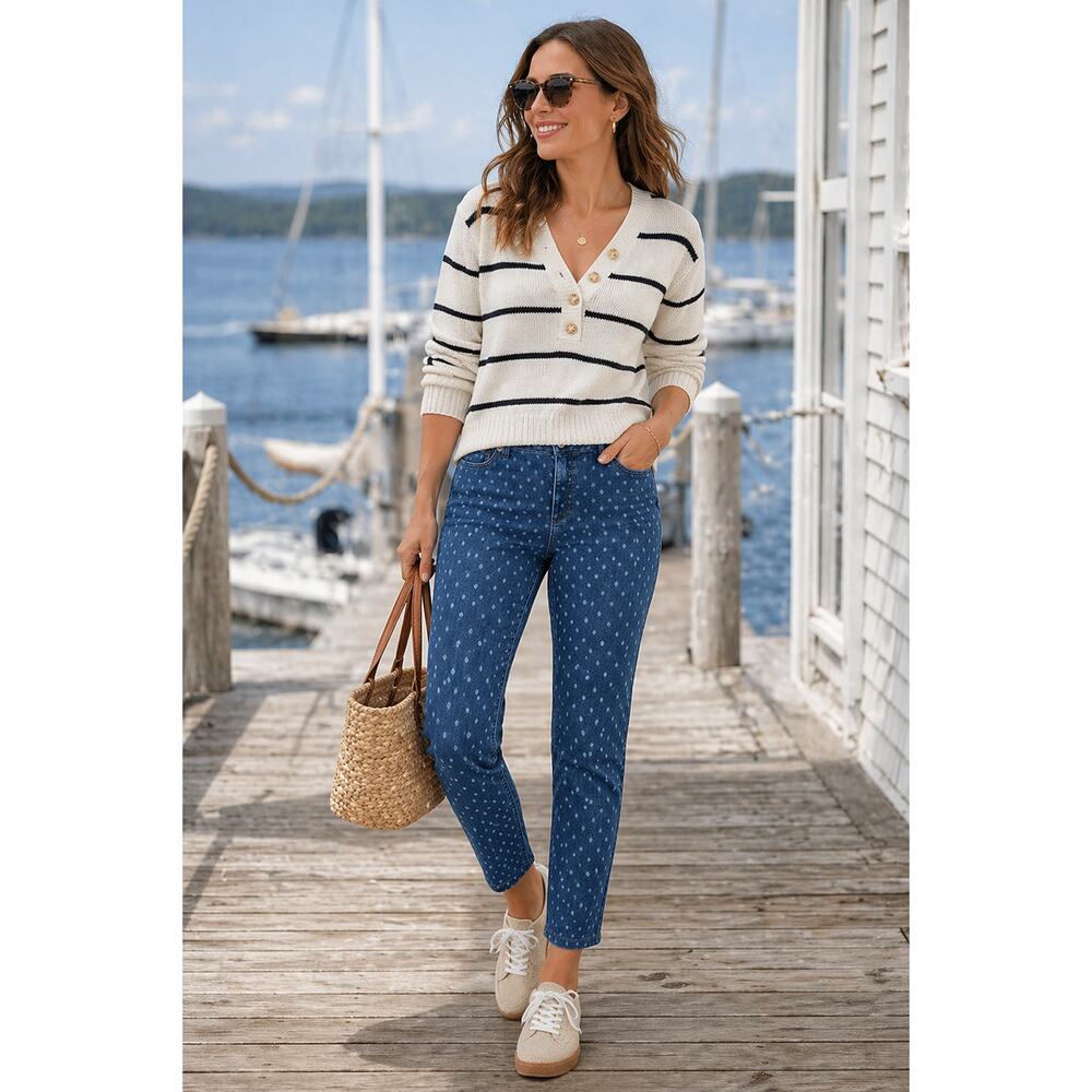 LANDS’ END Polka Dot Slim Straight Ankle Jeans Size 10 Stretch